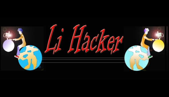 Immagine composta dalla scritta Li Hacker, al centro (in caratteri di colore rosso) ed ai lati due figure identiche del bambino cinese seduto sul globo terrestre. Le mani digitano sulla tastiera di un computer sistemato davanti a lui, poggiato su di un altro piccolo pianetino. Sullo sfondo il colore nero del cosmo.