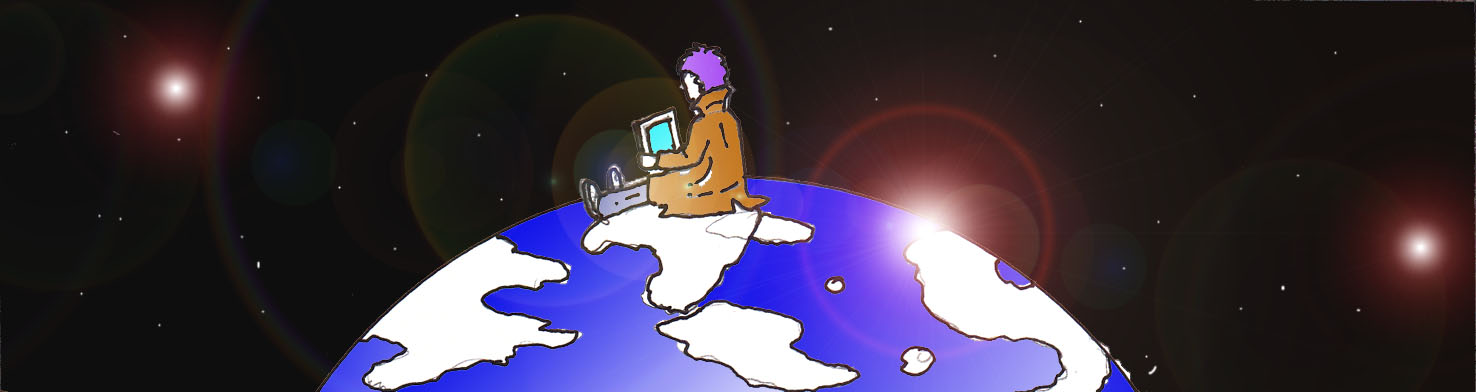 Li Hacker seduto sulla crosta terrestre (Per leggerne la descrizione proseguire nel link). Si vede il ragazzo, davanti al computer seduto sulla crosta terrestre, tra i continenti. Dietro di lui il cosmo.