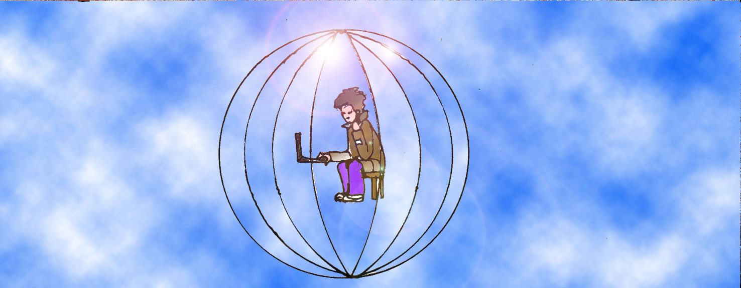 Immagine surreale di Li Hacker in una sfera (Per leggerne la descrizione proseguire nel link). Si vede il ragazzo di profilo, seduto su di uno sgabello all'interno di una sfera formata da diversi meridiani metallici - allegoria della Terra. Davanti a lui il laptop aperto. Sullo sfondo il cielo diurno.