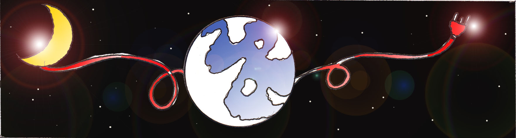Immagine del pianeta Terra  (Per leggerne la descrizione proseguire nel link). Al centro il globo terrestre e sulla sinistra la falce di luna, collegati con un cavo elettrico - immagine allegorica del collegamento terra-luna. Sullo sfondo, il buio cosmico.