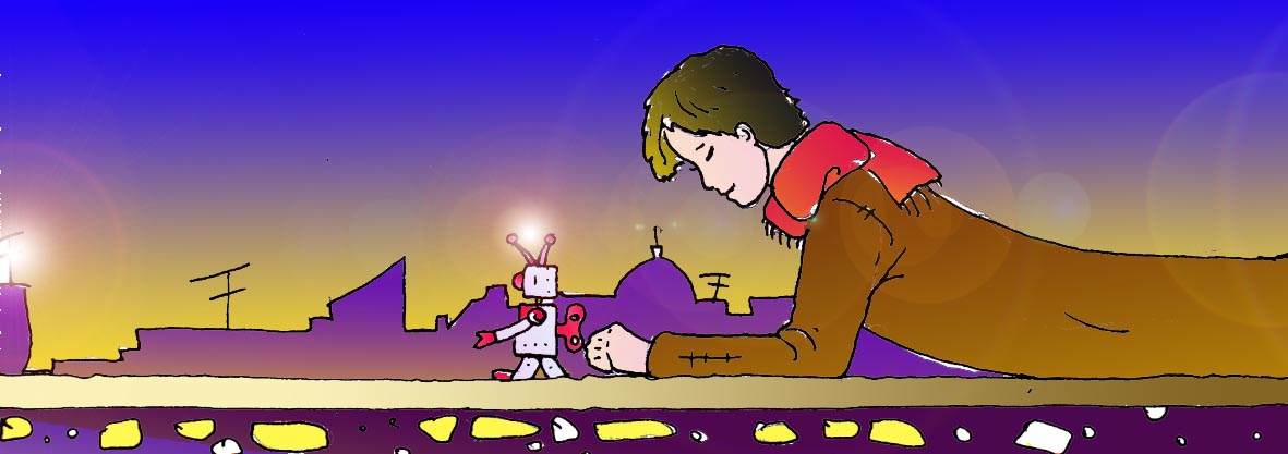 Immagine di Li Hacker sdraiato su un cornicione (Per leggerne la descrizione proseguire nel link). Li in figura intera sdraiato, pancia sotto, sul cornicione. Cappotto marrone e sciarpa rossa al collo. Davanti al lui un piccolo robot - giocattolino con una chiavetta meccanica. Sullo sfondo il profilo crepuscolare della città.