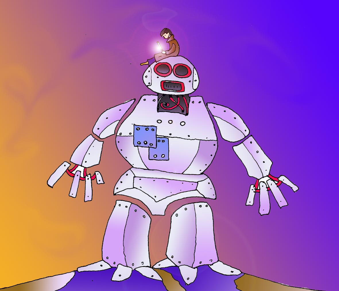 Immagine di un grande robot(Per leggerne la descrizione proseguire nel link). Si vede in figura intera un mastodontico robot. Arrampicato sulla sua testa, si nota Li Hacker, comodamente seduto, con il laptop sulle ginocchia.