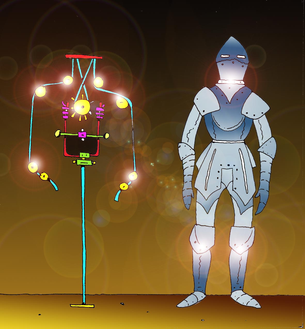 Immagine di un robot (Per leggerne la descrizione proseguire nel link). Si vede in figura intera un robot, vestito con un'armatura metallica, di stile medievale. Alla sua destra si vede, sempre in figura intera la sua struttura: sistema di cavi metallici, rotelle e pulegge.