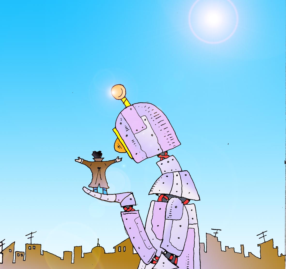 Immagine di un robot gigante con Li Hacker (Per leggerne la descrizione proseguire nel link). Si vede in piano americano un robot di profilo che tiene sul palmo della sua mano Li Hacker visto di spalle (con le braccia aperte e distese). Dietro il gigante robot, il profilo diurno della città.