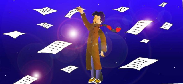 Immagine di Li Hacker tra fogli di carta mossi dal vento (Per leggerne la descrizione proseguire nel link). Si vede il ragazzo in figura intera. Indossa un cappottino lungo, color ocra ed una sciarpa a righe mossa dal vento, di colore rosso e grigio. Attorno a lui una folata alza dei fogli di carta che simboleggiano concretamente le lettere inviate via e-mail. Li Hacker, allungando la mano destra, ne afferra al volo una. Lo sfondo egrave; un cielo stellato.