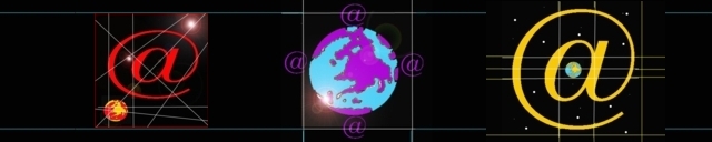Cornice rettangolare su fondo nero composta da: un pianetino ed il simbolo cosiddetto 'chiocciola' della tastiera del computer (in inglese 'at': a, verso) di colore rosso, sulla sinistra mentre  al centro vi è il globo terrestre con i quattro punti cardinali simboleggiati da quattro piccole chioccioline di colore fucsia. A destra si ripete un' altra 'chiocciola' di dimensioni più grandi e di colore giallo. Al suo interno, al centro, un piccolo pianetino.