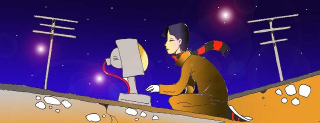 Immagine di Li Hacker sul tetto (Per leggerne la descrizione proseguire nel link). Si vede il ragazzo, di profilo, seduto su un tetto lievemente spiovente e sormontato da un'antenna TV. Ha le gambe ripiegate sotto le ginocchia e, proteso in avanti, digita sulla tastiera del computer, posto dinanzi a lui. Sulla destra si vede un altro tetto spiovente anch'esso con antenna. Sullo sfondo, il cielo notturno egrave; stellato.