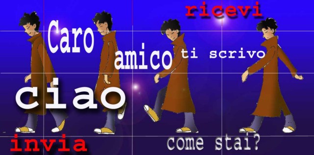 Immagine di Li Hacker in figura intera (Per leggerne la descrizione proseguire nel link). Si vedono quattro immagini del ragazzo cinese nell'atto di camminare. Ha indosso un cappottino color ocra, dei jeans grigi e scarpe da ginnastica di colore bianco e giallo. Le figure di Li sono in sequenza e danno l'idea della passeggiata in quanto ognuna completa la progressione della marcia. Li Hacker passeggia fra alcune scritte che compaiono a livello del suolo, a mezz'aria, in alto. Le parole sono: 'Caro amico ti scrivo', 'Ciao', 'ricevi', 'come stai?','invia'. Lo sfondo egrave; di colore azzurro elettrico.
