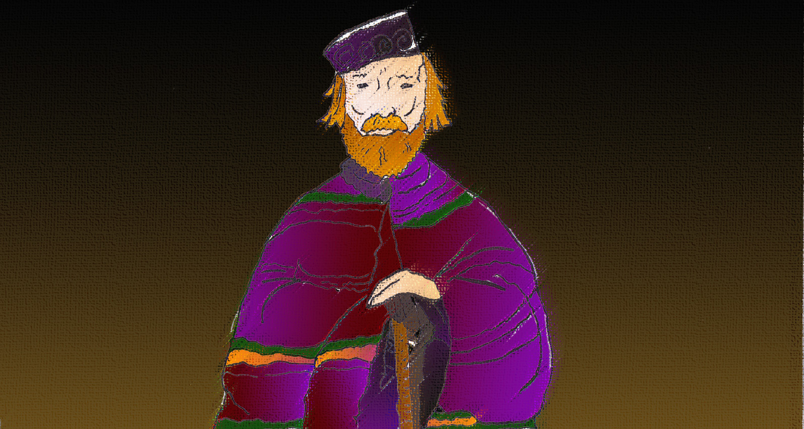 Immagine di Giuseppe Garibaldi in mezzo busto (Per leggerne la descrizione proseguire nel link). L'eroe dei due mondi, avvolto da un mantello violaceo, la barba bionda un cappello del medesimo colore. Ha le mani appoggiate al bastone, in una posa solenne.