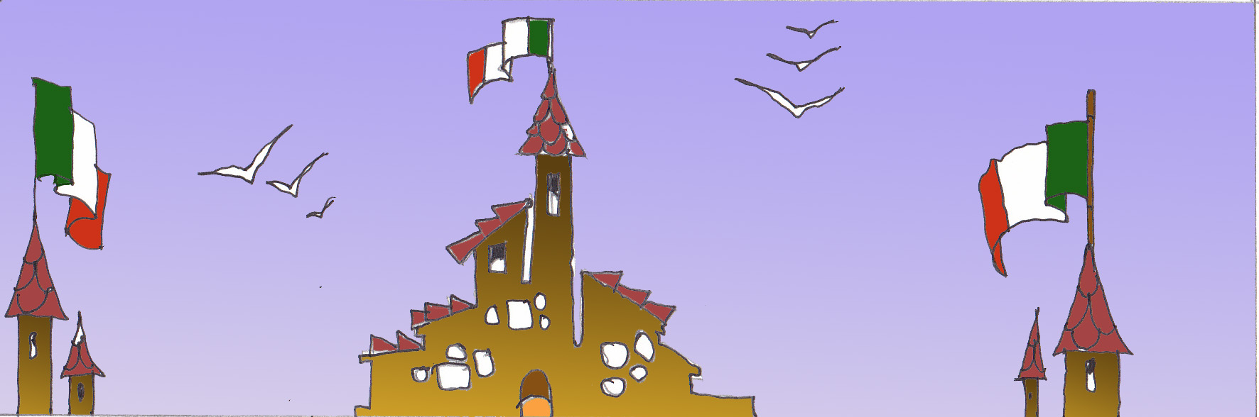 Cornice composta dalla figura stilizzata di tre gruppi di abitazioni, viste frontalmente, ed inquadrate nella parte superiore per mettere in risalto il tetto, con tegole rosse, da cui sventolano bandiere del tricolore italiano.