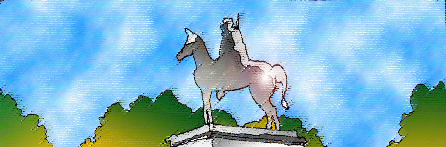 Immagine di un monumento equestre (Per leggerne la descrizione proseguire nel link). Il disegno fa riferimento alla statua eretta al Gianicolo (Roma) in memoria di Giuseppe Garibaldi.