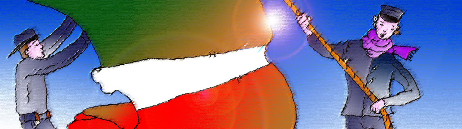 Immagine dell'alzabandiera del tricolore italiano (Per leggerne la descrizione proseguire nel link). Due figure in mezzo busto tentano di issare con delle funi una grande bandiera.