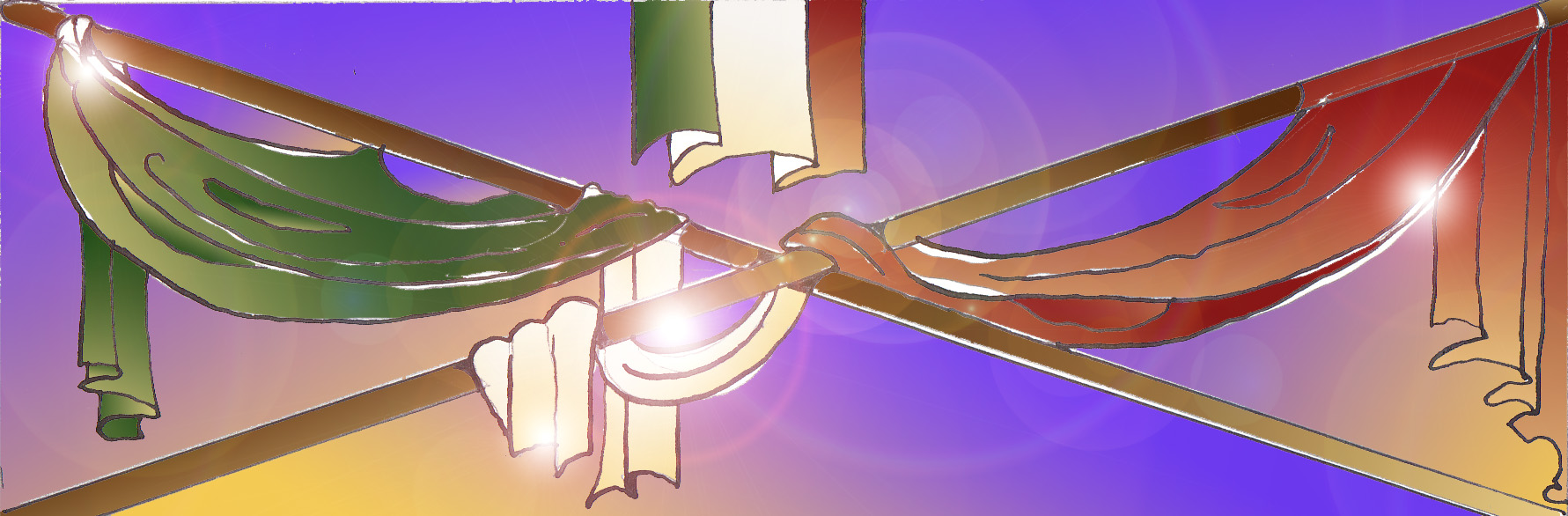 Immagine di due bandiere tricolore sorrette da due aste incrociate. La stoffa drappeggiata si poggia morbidamente sui bastoni di legno.