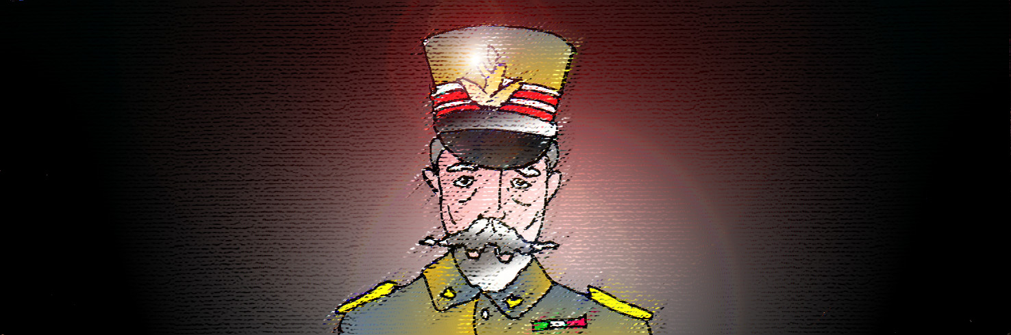 Immagine del Generale Cadorna (Per leggerne la descrizione proseguire nel link). Primo piano del volto di Raffaele Cadorna, in divisa e berretto d'ordinanza. Prominenti i baffi bianchi.