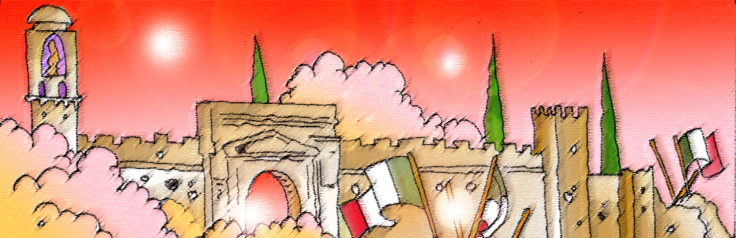 Immagine della Presa di Porta Pia.(Per leggerne la descrizione proseguire nel link). Nella scena la Porta tra nuvole di polvere e bandiere italiane che sventolano.