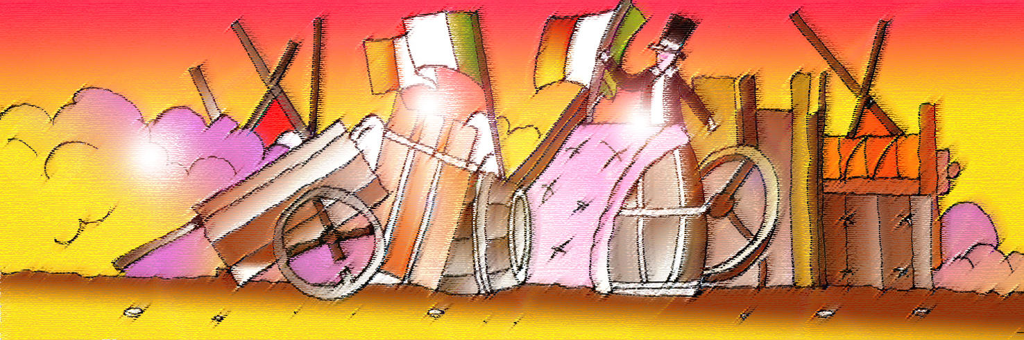 Immagine di un barricata (Per leggerne la descrizione proseguire nel link). Si vede una scena di strada, disordinata per via della presenza di carri divelti ed altri oggetti accatastati tra nuvole di polvere per formare una barricata su cui sventolano due bandiere tricolori. Una di queste è tenuta da un personaggio, in mezzo busto e con un cappello a cilindro.