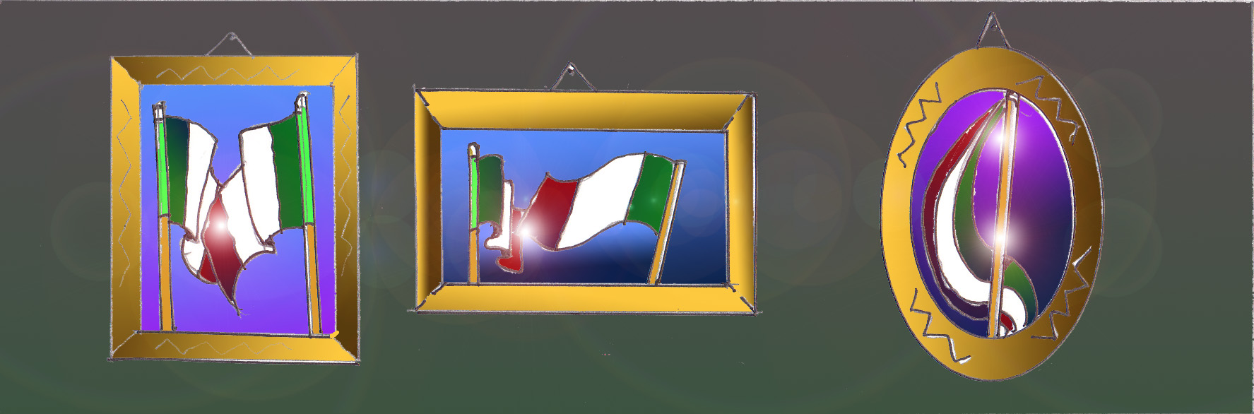 Cornice composta da una sequenza di tre immagini di bandiere tricolore: due quadri rettangolari ed un medaglione tondo.