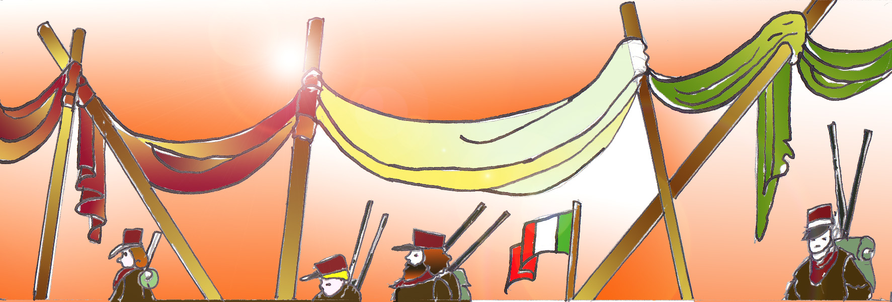 Cornice composta da una serie di bastoni che sorreggono il drappo del tricolore italiano. Al di sotto le figure di alcuni soldati ed una bandiera italiana.