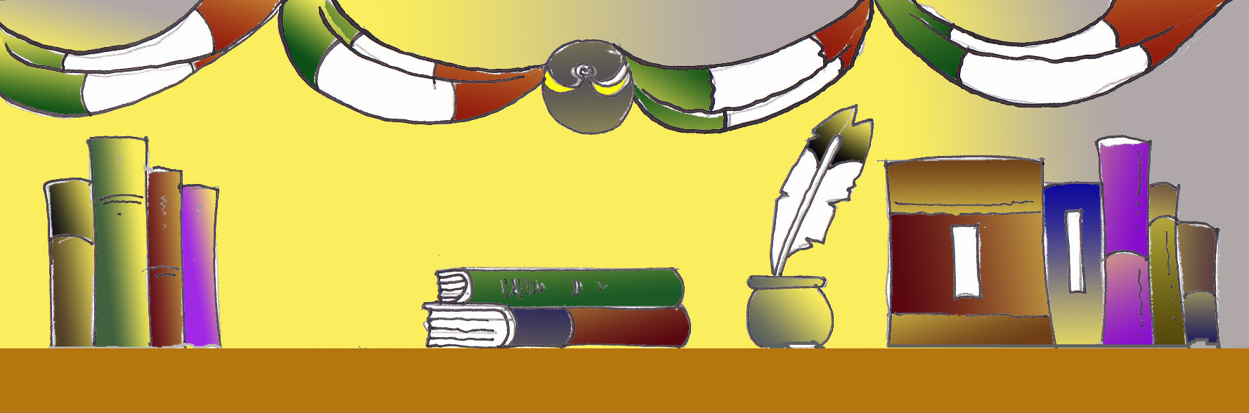 Cornice composta da una sequenza di libri posti a gruppi in verticale ed orizzontale. Tra questi un calamaio. Sulla parte superiore dell'immagine un festone tricolore.