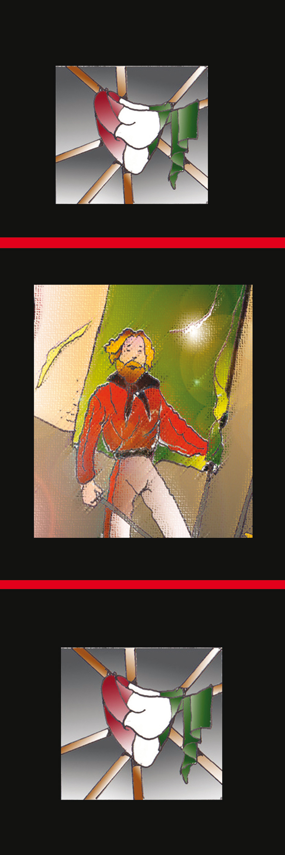 Immagine verticale. Sequenza di bandiere tricolori (in alto e in basso) con al centro la figura di Garibaldi, con la camicia rossa, che impugna una spada. Sullo sfondo il bianco e il verde della bandiera italiana.