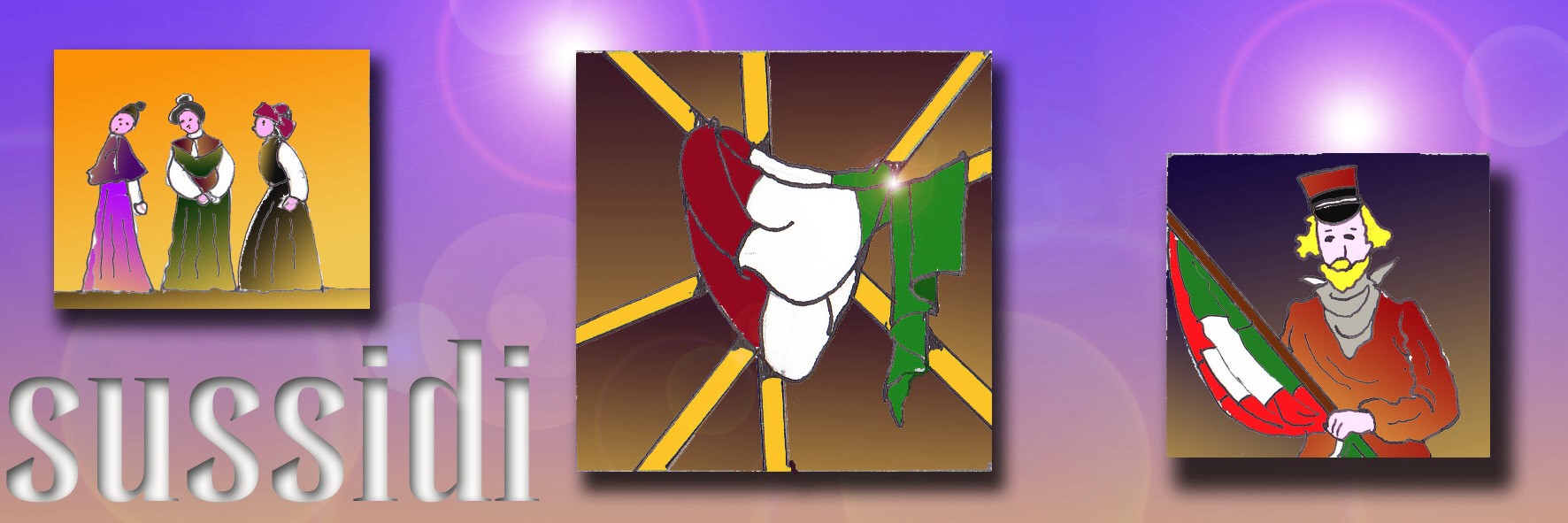 Cornice composta da tre figure, da sinistra a destra: tre dame ottocentesche, la bandiera italiana, un garibaldino con un tricolore. In basso sulla sinistra, la scritta: sussidi.