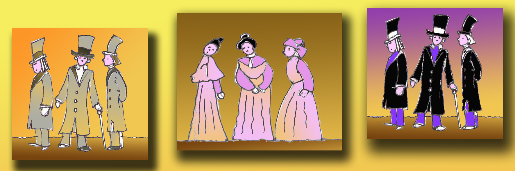 Cornice composta da una sequenza di tre immagini in cui si vedono delle figurine di donne e uomini vestiti con abiti ottocenteschi.