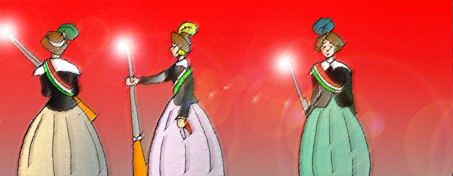 Immagine di tre donne combattenti in figura intera (Per leggerne la descrizione proseguire nel link). Sono vestite con ampie gonne e impugnano un fucile. Da sinistra a destra: la prima, con un vezzoso cappellino, è vista di spalle; la figura al centro e invece di profilo mentre sulla destra la figura è frontale. Tutte e tre indossano a tracolla il nastro del tricolore italiano.