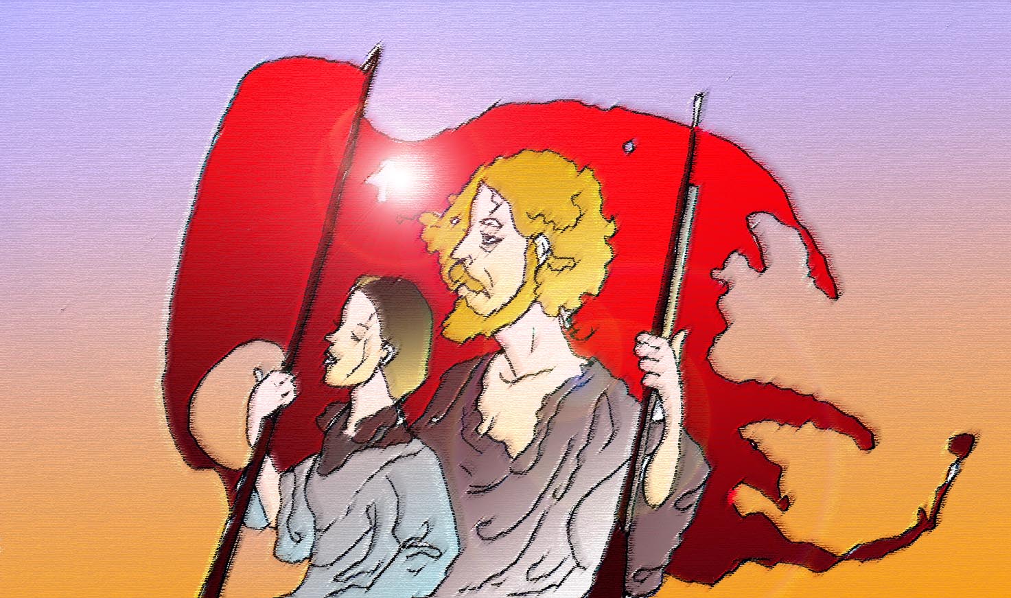 Immagine di Anita e Giuseppe Garibaldi (Per leggerne la descrizione proseguire nel link). Si vedono in una scena di battaglia alcuni garibaldini (identificati dalla camicia rossa). I due eroi in mezzo busto avvolti, sullo sfondo da una bandiera rossa garibaldina.