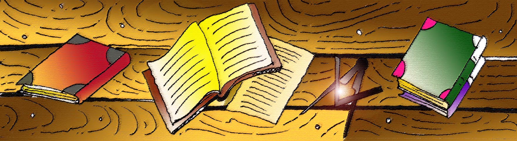 Immagine di libri aperti su un tavolo, accanto ad un compasso (Per leggerne la descrizione proseguire nel link). Composizione simbolica. Gli oggetti posti su di un tavolo di legno sono visti dall'alto.