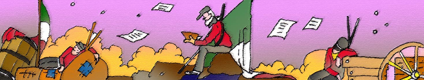 Immagine di una barricata (Per leggerne la descrizione proseguire nel link). Tra i sacchi e la polvere e i carri si vedono tre soldati. Al centro, di profilo e in primo piano, un soldato seduto su di un cumulo di terra, intento a leggere. Ai lati vi sono altri due soldati, si riposano sdraiati. Attorno svolazzano alcuni fogli stampati.