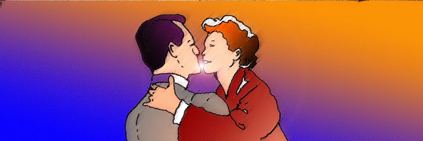 Immagine simbolica di un bacio cinematografico. (Per leggerne la descrizione proseguire nel link). Il disegno esprime simbolicamente la scena passionale di un bacio tra due attori.