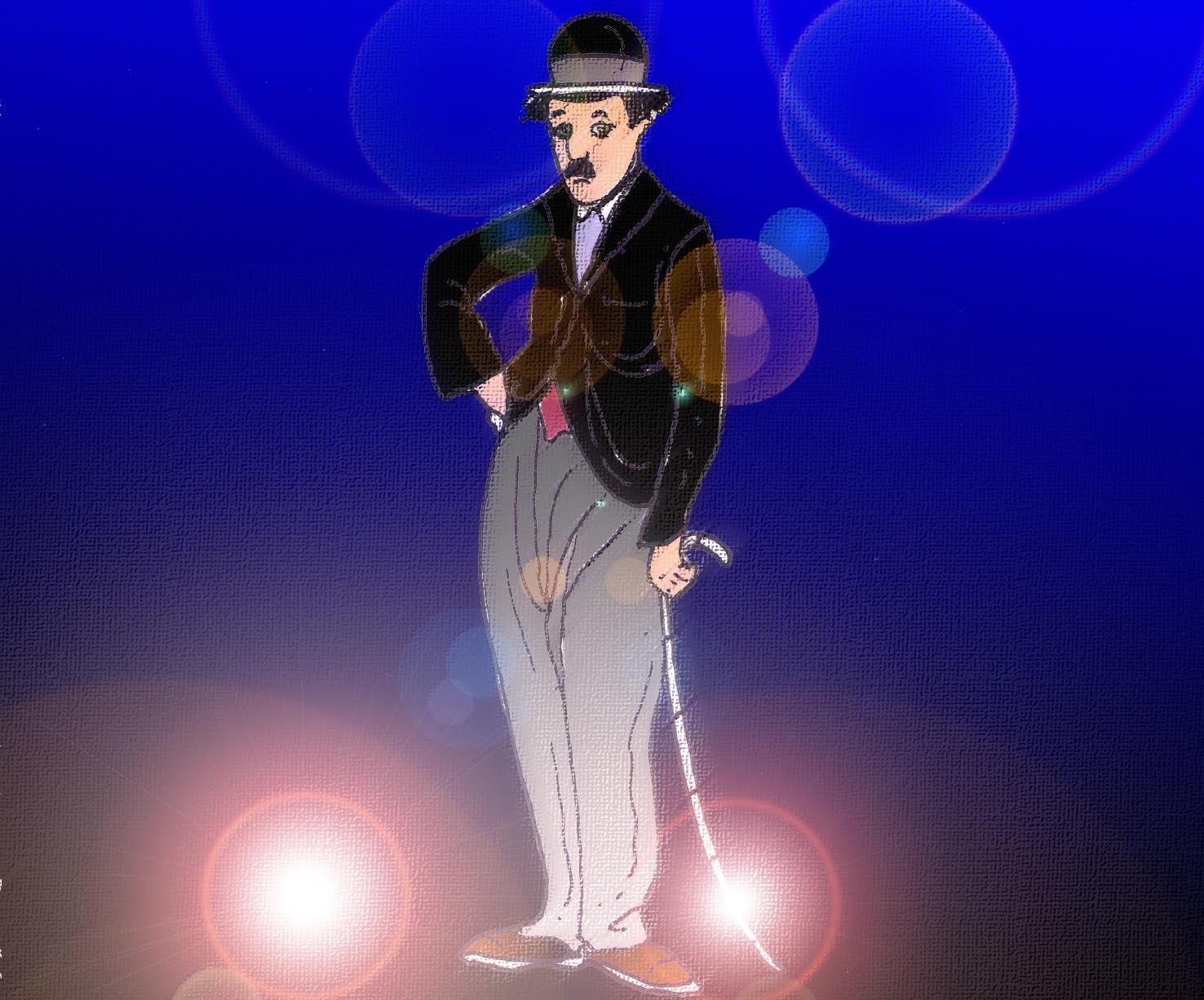 Immagine di Charlie Chaplin (Per leggerne la descrizione proseguire nel link). Il disegno ritrae l'icona di Charlie Chaplin: in figura intera, appoggiato sul lato sinistro del corpo ad un sottile bastone da passeggio, con la bombetta in testa, la giacca nera e i pantaloni ampli, di colore grigio.