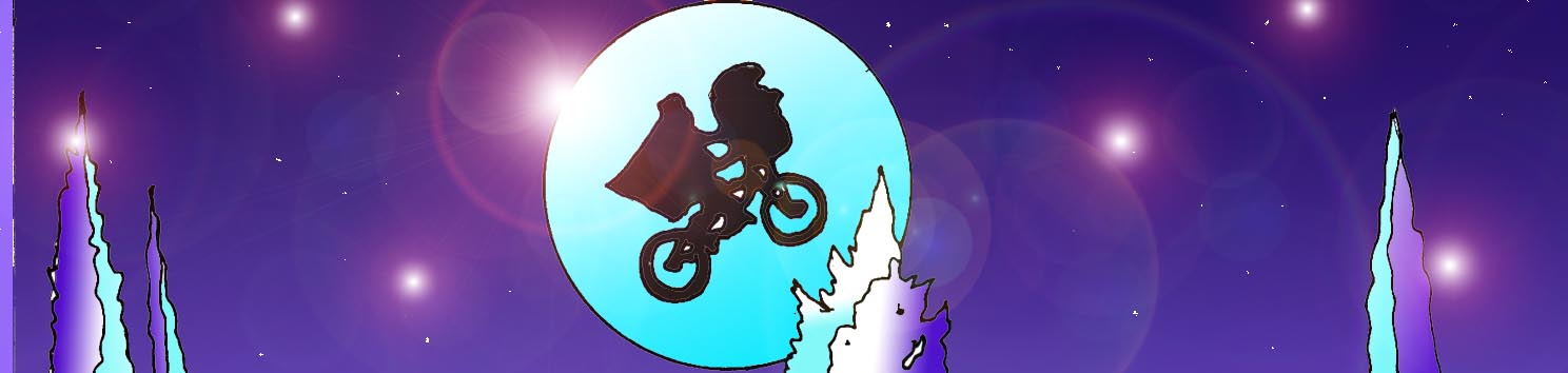 Immagine notturna, evocativa della scena chiave del film ET, il ritoro a casa dell'extraterrestre (Per leggerne la descrizione proseguire nel link). Si vede in cielo la sagoma scura della bicicletta che trasporta ET, sullo sfondo della luna piena.