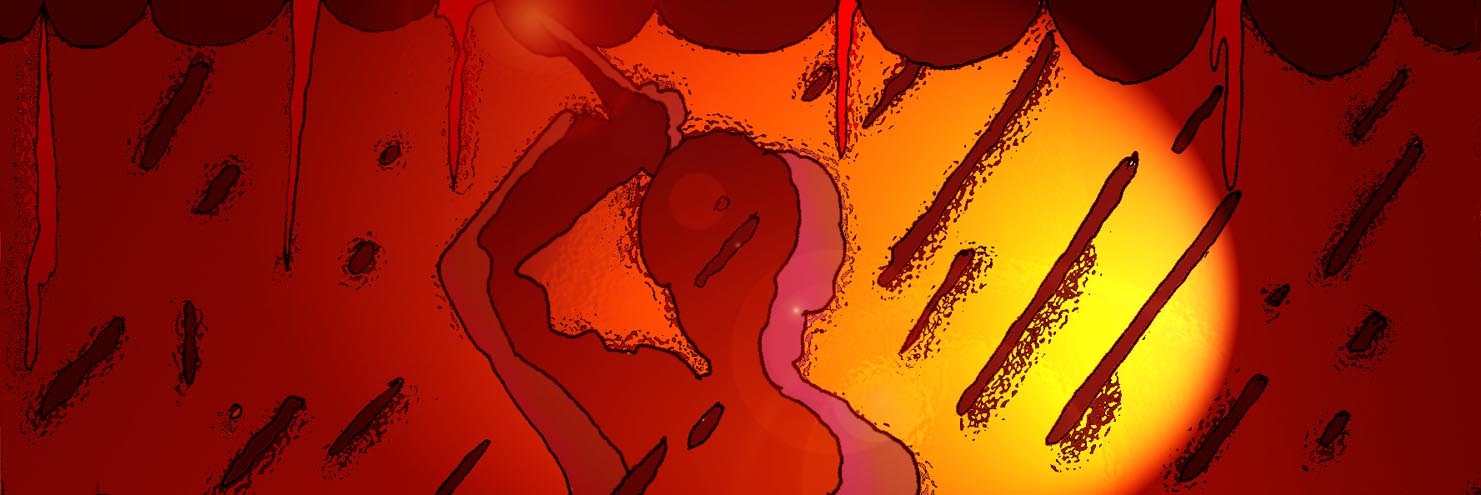 Immagine del profilo di una figura umana (Per leggerne la descrizione proseguire nel link). Il profilo di una figura umana, ricavato dalle campiture dei colori giallo e arancio, che impugna a mano alzata un coltello.