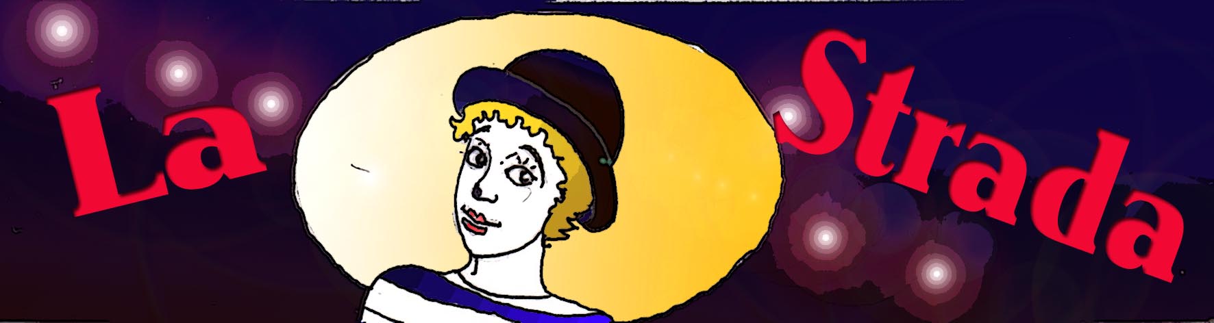IImmagine del volto di un clown (Per leggerne la descrizione proseguire nel link). Si vede il volto di un clown (con una bombetta in testa) proposto in un balloon centrale. Ai lati la scritta di colore rosso: 'La strada'.