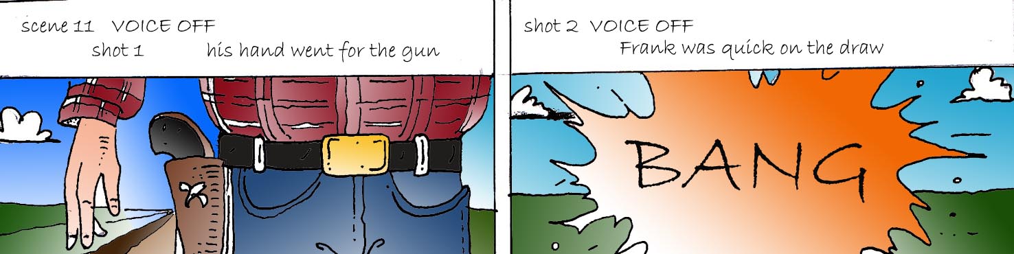 Immagine di uno storyboard (Per leggerne la descrizione proseguire nel link). La sequenza disegnata di: una pistola che estratta dalla fondina di un poliziotto e poi l'esplosione con la scritta BANG. In alto ai due disegni, gli appunti di sceneggiatura:1. Riquadro - Scene 11 voice off, shot 1, his hand went for the gun; voice off, 2. Riquadro: shot 2, Frank was quick for the draw.
