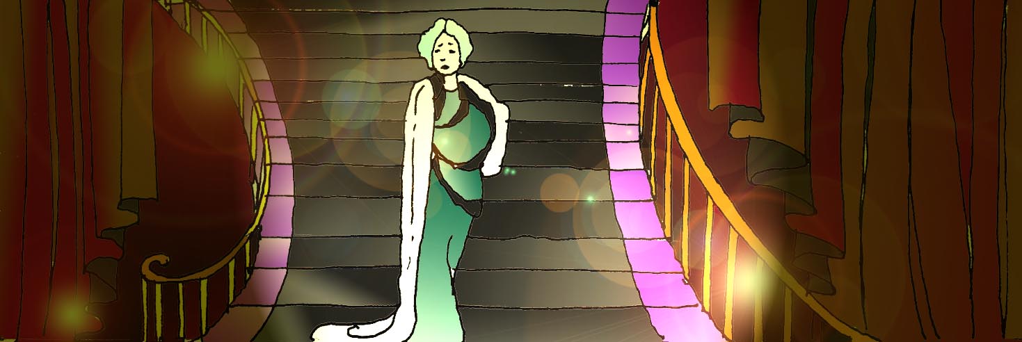 Immagine in figura intera della diva (Per leggerne la descrizione proseguire nel link). La diva, in abito da sera e stola di ermellino, scende una scalinata, con portamento elegante..