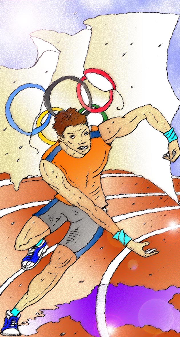 Immagine verticale. Un velocista che corre nello stadio. Sullo sfondo la bandiera olimpica