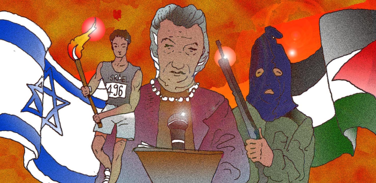 Immagine simbolica e di sintesi delle Olimiadi '72. (Per leggerne la descrizione proseguire nel link). Si vede al centro il busto dal volto duro del primo ministro israeliano; alla sinistra un atleta con la fiaccola olimpica e a destra un terrorista, armato e incappucciato.