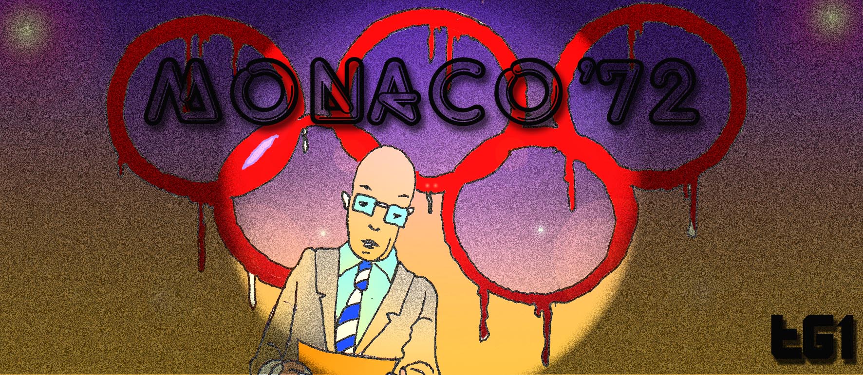 Immagine di un giornalista televisivo (Per leggerne la descrizione proseguire nel link). Al centro dell'immagine un giornalista televisivo nell'atto di leggere il notiziario TV. Sullo sfondo la scritta: 'Monaco 72' con dietro i cinque anelli olimpici, concatenati e grondanti di sangue.