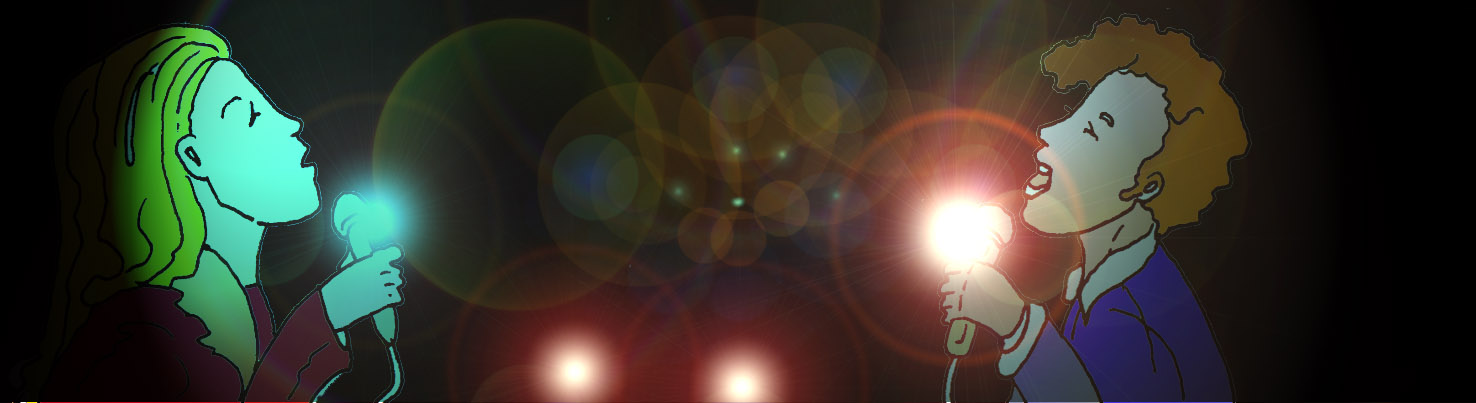 Immagine di due cantanti (Per leggerne la descrizione proseguire nel link). In mezzo busto: sul lato sinistro una donna e sul lato destro un uomo entrambi con un microfono, nell'atto di cantare. Al centro un punto di luce.