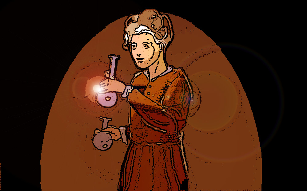 Immagine di Marie Curie in figura intera (Per leggerne la descrizione proseguire nel link). Si vede la scienziata in piedi, che tiene nelle mani due ampolle. E' vestita con un dimesso abito marrone. I capelli, raccolti, sono di colore grigio.