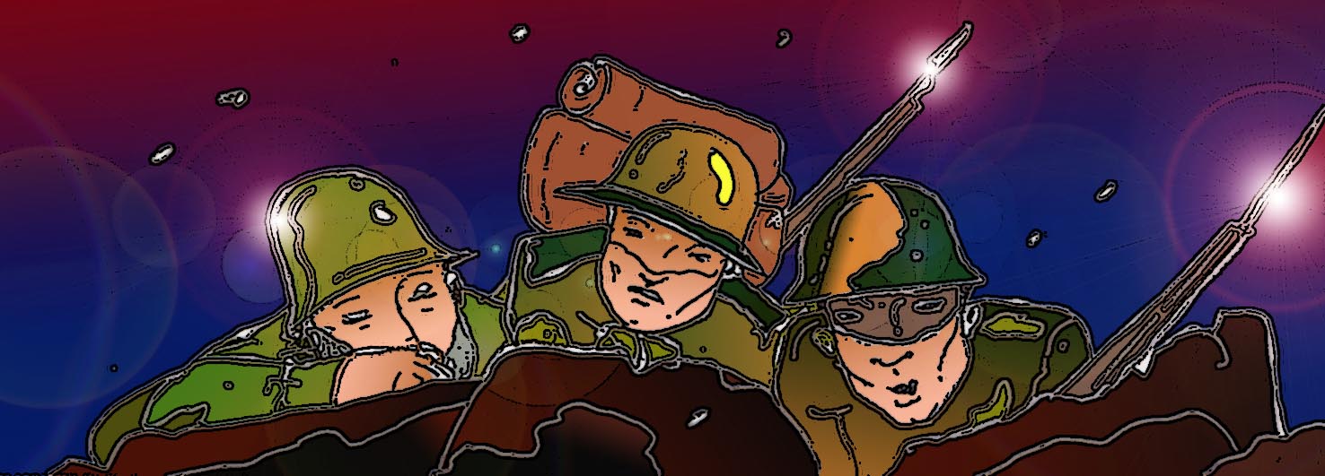 Immagine di tre soldati appostati (Per leggerne la descrizione proseguire nel link). Tre soldati in terra, in primo piano i volti. Si vedono le uniformi verdi, gli zaini, i fucili e sullo sfondo la notte.
