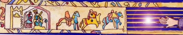 Arazzo di Bayeux narrante la battaglia di Hastings, al momento della tessitura (Per leggerne la descrizione proseguire nel link). Dei lunghi fili corrono orizzontalmente a costituire la trama del tessuto che prende forma. La striscia oblunga di stoffa è tessuta a sinistra della scena, dove si mostrano due distinti quadri: l'immagine del futuro re Guglielmo in Conquistatore e tre cavalieri normanni a cavallo. Sul lato destro si vede una mano di una ricamatrice.
