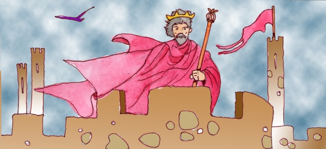 Immagine di re Aroldo (Per leggerne la descrizione proseguire nel link) Si vede il re affacciato a mezzo busto tra i merli del suo castello. La sua figura è autorevole, ammantata da  un mantello fucsia che si agita al vento, come il drappo che, dietro di lui sulla destra, sventola su di una torretta. Con la mano sinistra tiene lo scettro. Una corona gli cinge il capo. Sullo sfondo, un cielo diurno con il passaggio di un uccello.