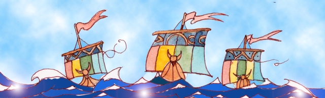 Immagine di tre imbarcazioni normanne in mare (Per leggerne la descrizione proseguire nel link) Le tre imbarcazioni di legno sono spinte dalla forza propulsiva dalle vele latine, tutte colorate e gonfie di vento. Procedono ad andatura di poppa. Le vediamo di prua che termina, al pulpito, con una decorazione a forma di corno. Il mare è mosso da piccole onde con frangenti.