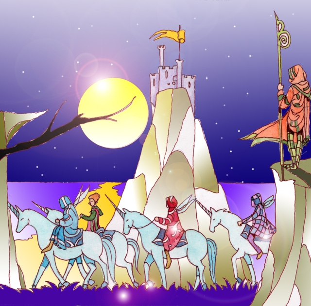 Immagine di alcune creature fatate (Per leggerne la descrizione proseguire nel link) Si vede un corteo di unicorni su cui viaggiano delle creature fatate. Attraversano una soglia segnata da due alte rocce alla cui sommità vi sono, su di un lato una guardia e sull'altro un castello arroccato. Sullo sfondo, una notte limpida e stellata.