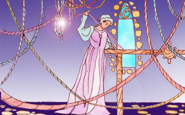 Immagine di una ricamatrice (Per leggerne la descrizione proseguire nel link) Si vede una donna, in figura intera. Indossa una lunga veste di colore rosa con le maniche lunghe di colore celeste e sul capo una cuffia dello stesso colore. Lavora presso un grande telaio di legno. Tira un filo con la mano destra. Tutto attorno a lei vi è una specie di ragnatela di fili che passano attraverso la stanza. Sulla parete di fondo, una finestra ad arco acuto da cui si intravede un cielo diurno.