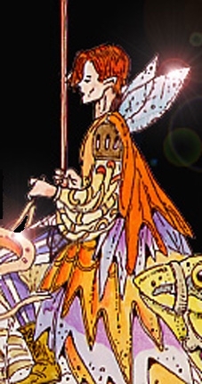 Immagine di un elfo (Per leggerne la descrizione proseguire nel link) Si vede una creatura alata vestita con un ricco abito arabescato. Impugna una lancia nella mano destra.