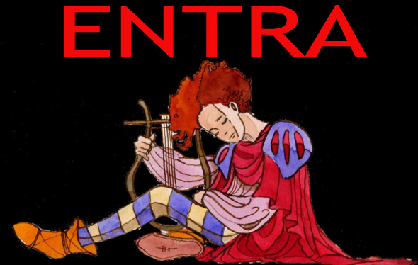 Immagine del menestrello Cornelius (Per leggerne la descrizione proseguire nel link) Figura intera di Cornelius seduto con la gamba destra piegata e la testa reclinata sulla lira che tiene con la mano destra. Indossa una calzamaglia a righe blu e gialle e calza degli stivaletti a punta. Ha un ampio mantello rosso e rossi sono i suoi capelli.